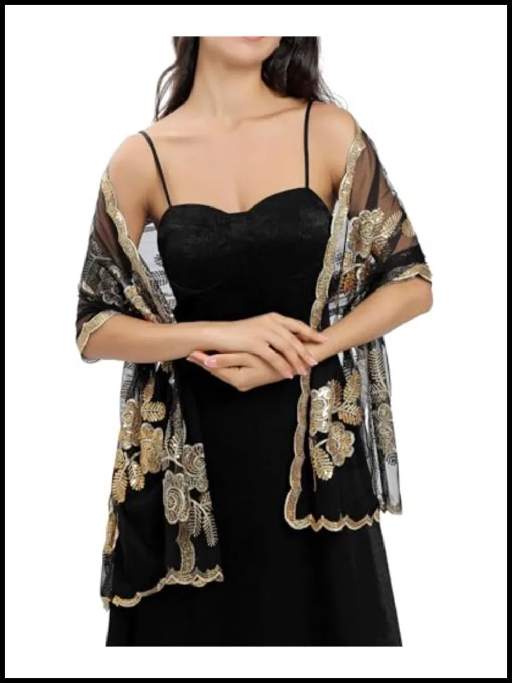Women Embroidered Lace Sequin Floral Chiffon Formal Wrap Shawl for Evening